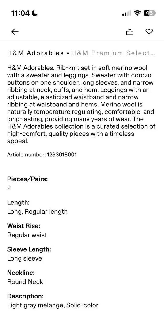 H&M Merino Wool 4-6mo Gray 2pc Set Sweater Leggings Baby Boy Girl Gender Neutral